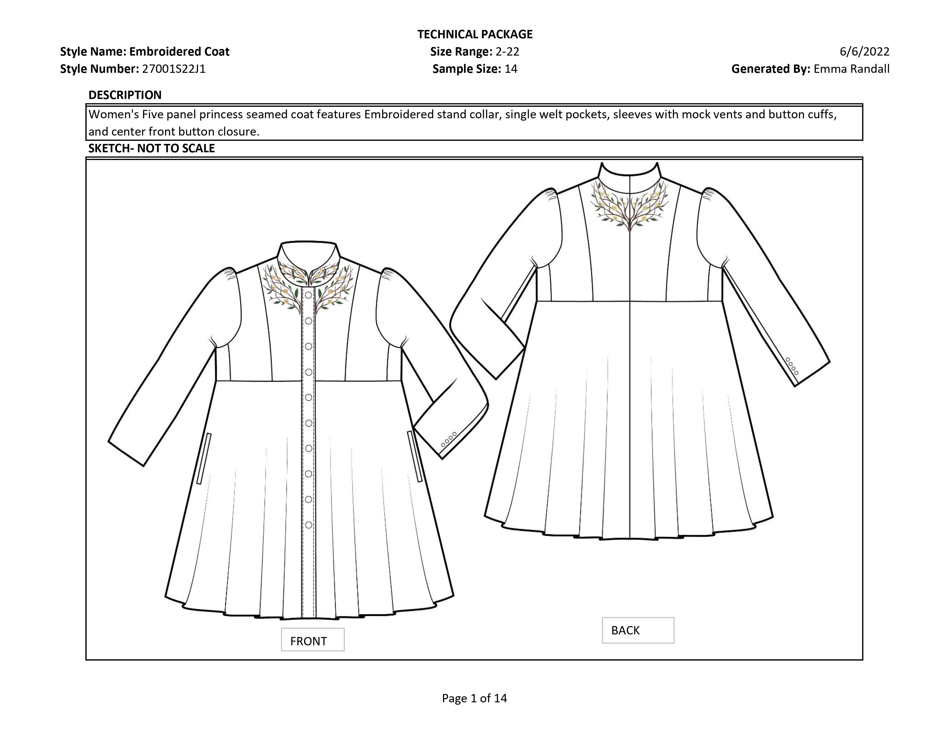 Embroidered Coat tech pack page 1