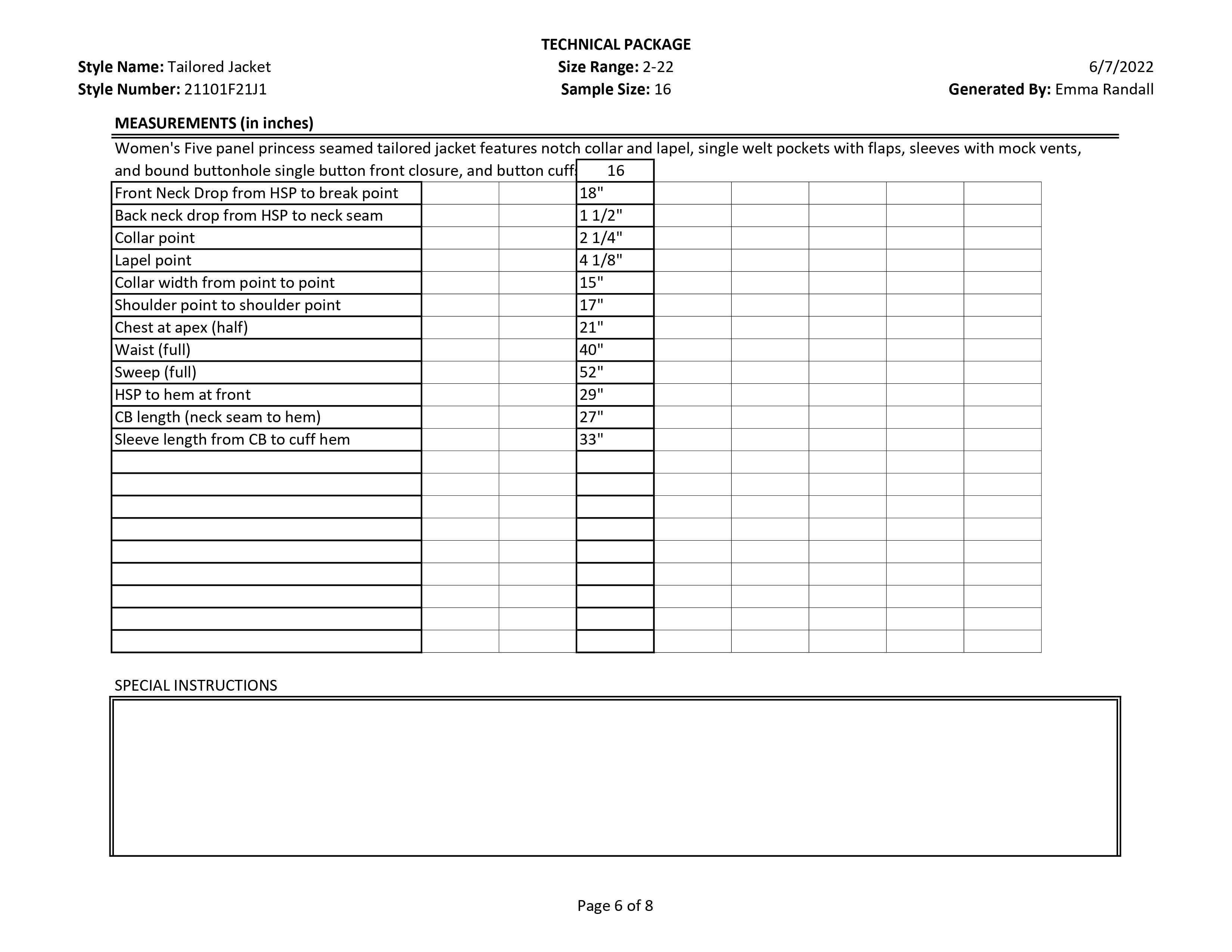 Tailored Jacket tech pack page 6